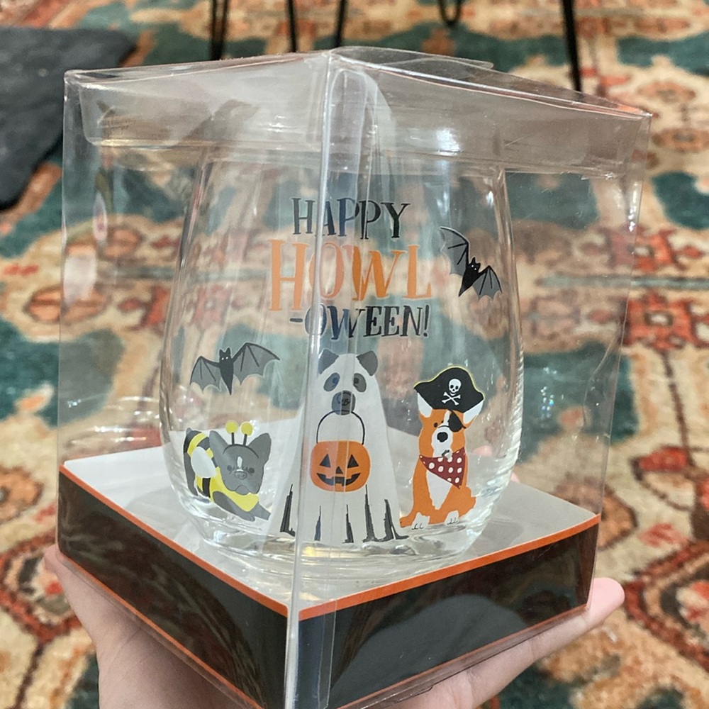 Happy HOWL-oween Stemless Wine Glass with Cute Dog Design